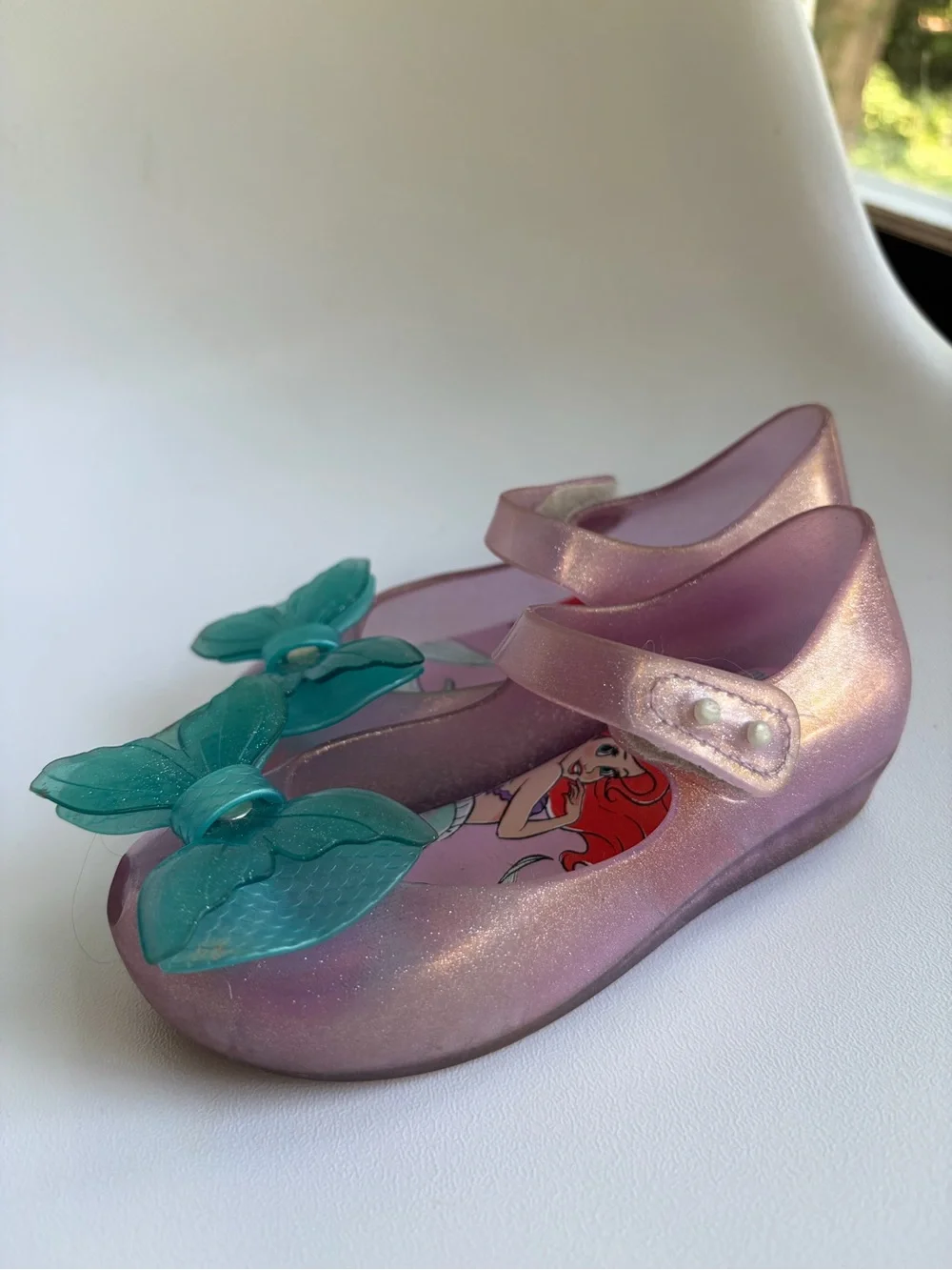Mini Melissa size 9 Jelly Mary Jane Glitter Bow Shoes with The Little Mermaid